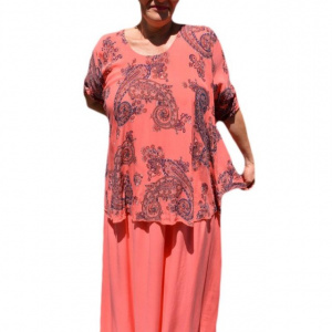 Rochie de vara culoare de corai cu imprimeu bleumarin - Img 1