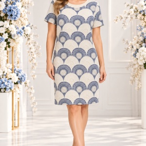 Rochie de zi din material subtire nuanta gri-alb, design imprimat in forma de evantai