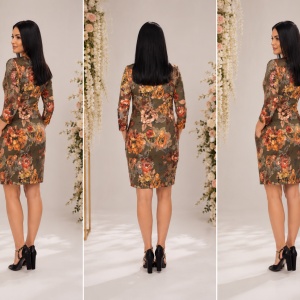 Rochie de zi Fevine cu model floral tip mozaic pe fundal kaki - Img 2