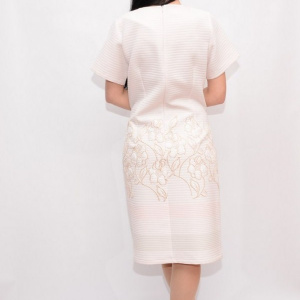 Rochie deosebita cu model in tesatura si imprimeu floral, roz - Img 2