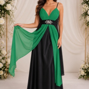 Rochie din saten negru cu detalii din voal verde, model lung