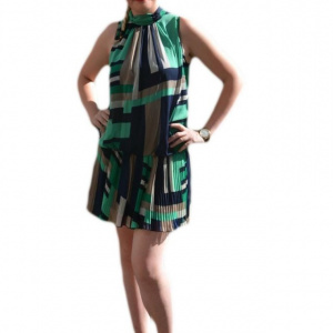 Rochie din voal subtire cu imprimeu abstract verde-bleumarin- bej - Img 1