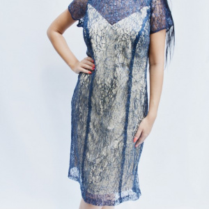 Rochie elegant de zi ,nuanta bleumarin-bej - Img 3