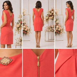 Rochie elegantă corai cu broșă decorativă și detaliu petrecut în talie - Img 2