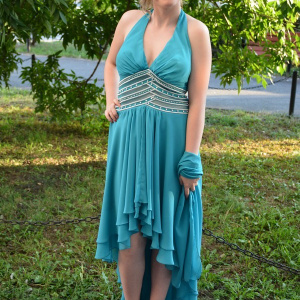 Rochie eleganta, culoare turcoaz, model scurt in fata lung in spate - Img 3