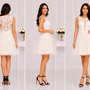 Rochie eleganta de ocazie din tull cu insertii de dantela si margele de culoare bej - Img 3