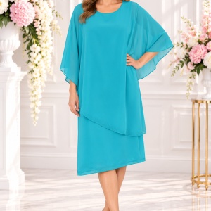 Rochie eleganta din material elastic si voal lejer aplicat, turcoaz