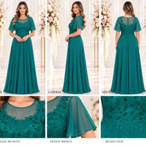 Rochie eleganta din voal combinat cu dantela si perle, greenery - Img 2
