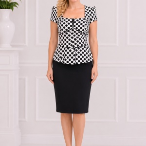 Rochie eleganta, moderna, in nuante de alb-negru cu buline