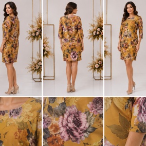 Rochie elegantă muștar cu imprimeu floral și mâneci 3/4 - Img 2