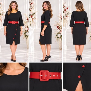 Rochie elegantă neagră cu centură roșie și nasturi decorativi – croială feminină - Img 2