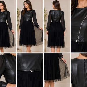 Rochie elegantă neagră cu fustă plisată din tull - Img 3