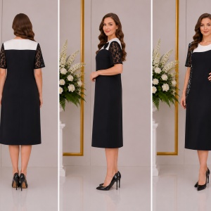 Rochie eleganta, nuanta bleumarin-alb cu design de dantela - Img 3