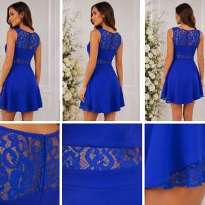 Rochie elegantă scurtă cu dantelă florală – Albastru Regal - Img 2