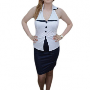 Rochie fara maneci, nuanta de bleumarin-alb, guler fin