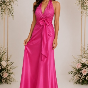Rochie fashion de seara, din saten lucios de nuanta roz intens
