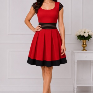 Rochie fashion, nuanta de rosu-negru, design dungat in talie