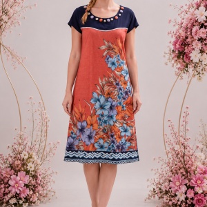 Rochie feminina, de culoare corai- bleumarin, cu imprimeu floralsi scoici