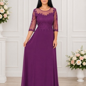 Rochie feminina, lunga de seara, mov cu maneci din vuoal