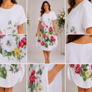 Rochie lejeră din in și bumbac cu imprimeu floral – albă, croi confortabil de vară - Img 3