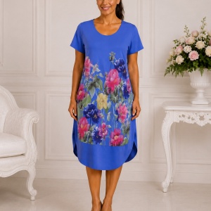 Rochie lejeră din in și bumbac cu imprimeu floral – albastru, croi confortabil de vară - Img 1