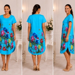 Rochie lejeră din in și bumbac cu imprimeu floral – albastru deschis, croi confortabil de vară - Img 2