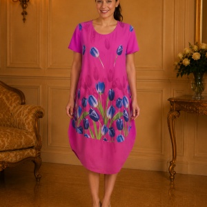 Rochie lejeră din in și bumbac cu imprimeu floral – fucsia, croi confortabil de vară