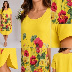 Rochie lejeră din in și bumbac cu imprimeu floral – galben, rosu, confortabil de vară - Img 3