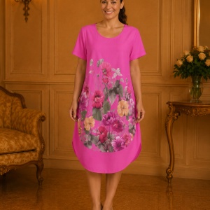 Rochie lejeră din in și bumbac cu imprimeu floral – roz, croi confortabil de vară