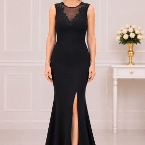 Rochie lunga de nunta, de culoare neagra cu aplicatii din tul