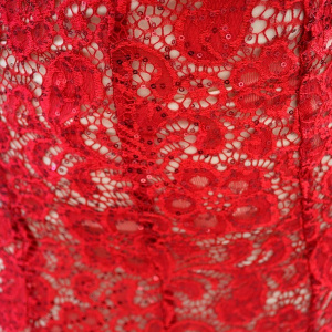 Rochie lunga de seara, tip sirena, dantela rosie cu insertii de tul - Img 6