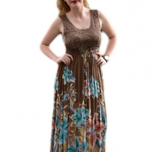 Rochie lunga de vara, maro, din bumbac de calitate superioara - Img 1