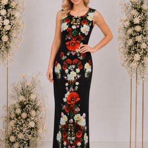 Rochie lunga de zi, culoare neagra cu imprimeu realist de flori