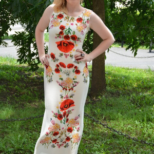 Rochie lunga de zi din in, de culoare bej cu imprimeu floral - Img 2