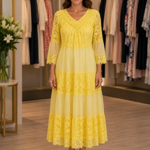 Rochie Lungă Elegantă din Dantelă Galbena cu Mâneci 3/4 și Decolteu în V