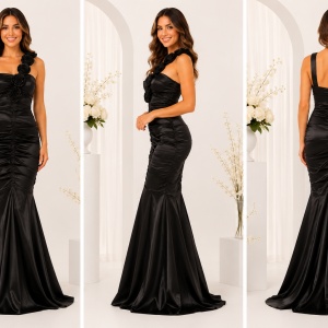 Rochie lunga. eleganta, saten negru, model tip sirena, one-shoulder - Img 3