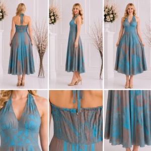 Rochie Lungă Elegantă Turcoaz-Taupe cu Imprimeu Floral Abstract și Decolteu Halter - Img 2
