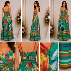 Rochie lungă florală verde cu bretele și talie evidențiată - Img 2