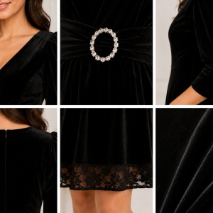 Rochie Mara din catifea cu insertii de dantela,neagra - Img 3