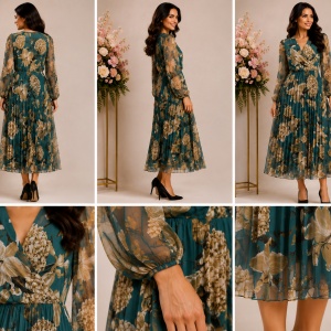 Rochie midi albastră plisată cu imprimeu floral și mâneci semi-transparente - Img 2