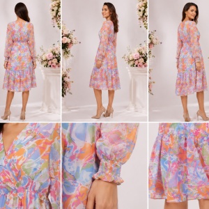 Rochie Midi Multicolor cu Imprimeu Abstract și Mâneci Semitransparente - Img 2