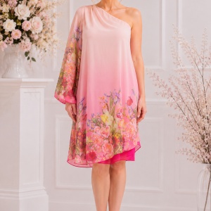 Rochie moderna one-shoulder, culoare roz, cu flori colorate