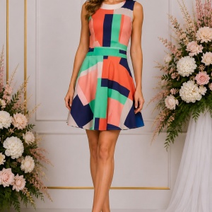 Rochie multicolor elegantă cu imprimeu geometric și croială cloș