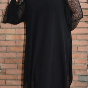 Rochie neagra de ocazie, din material elastic lucios si voal peste - Img 5
