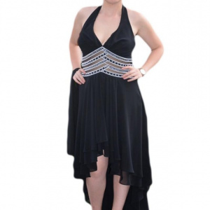 Rochie rafinata de seara, neagra, cu falduri si insertie argintie in talie - Img 1