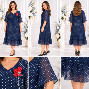 Rochie rafinata din vual fin , nuanta de bleumarin cu buline albe - Img 2