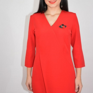 Rochie rafinata Mila cu crepeu in fata,model asimetric,nuanta de rosu - Img 2