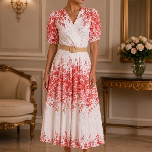 Rochie rafinata Raelynn, nuanta crem-corai cu design floral
