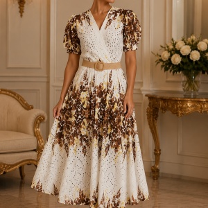 Rochie rafinata Raelynn, nuanta de crem -maro, cu design floral