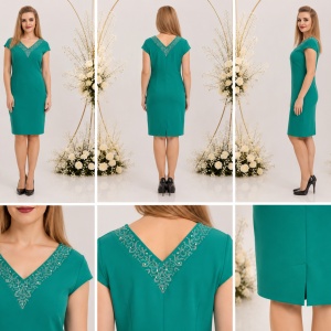 Rochie rafinata ,turcoaz, cu maneca scurta, detalii fine in partea de sus - Img 2